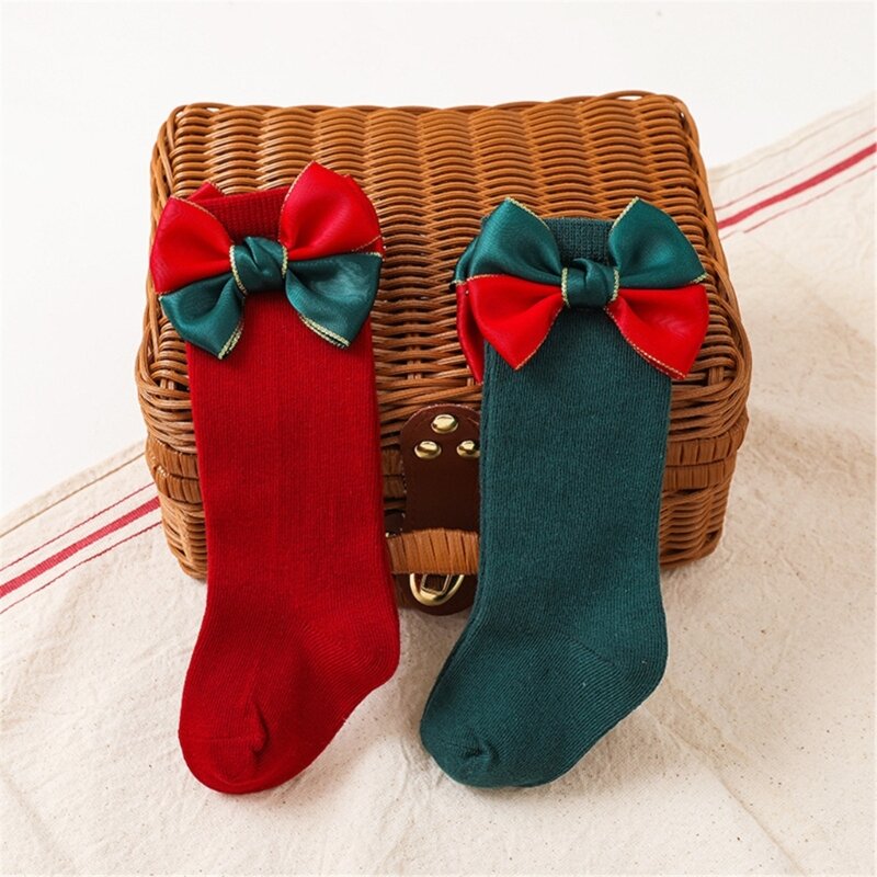 2 pares calcetines navideños con decoración lazo, medias hasta rodilla color sólido