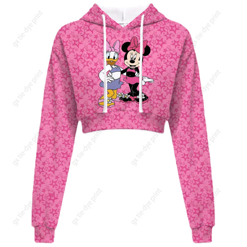 Kaus bertudung kasual motif Mickey Mouse wanita, Sweatshirt pendek bertudung untuk wanita, Hoodie Disney Minnie Mickey Mouse