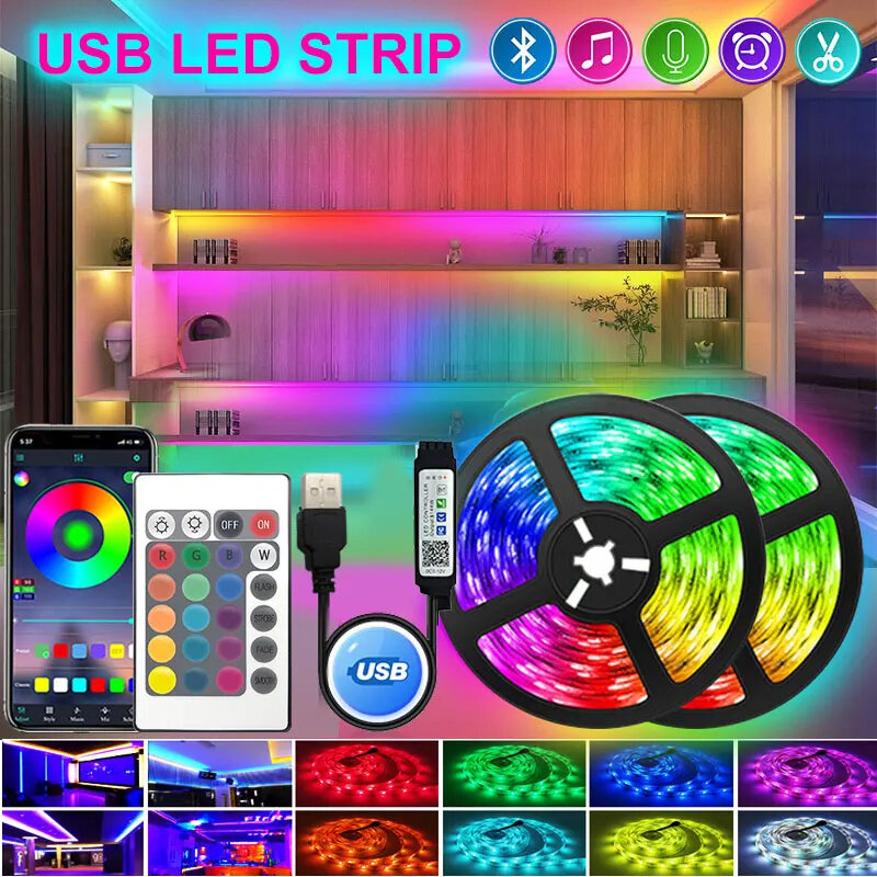 RGB LED Strip Light para decoração doméstica, retroiluminação de TV com controle remoto de 44-teclas, controle USB APP, sincronização de música, lâmpada de néon