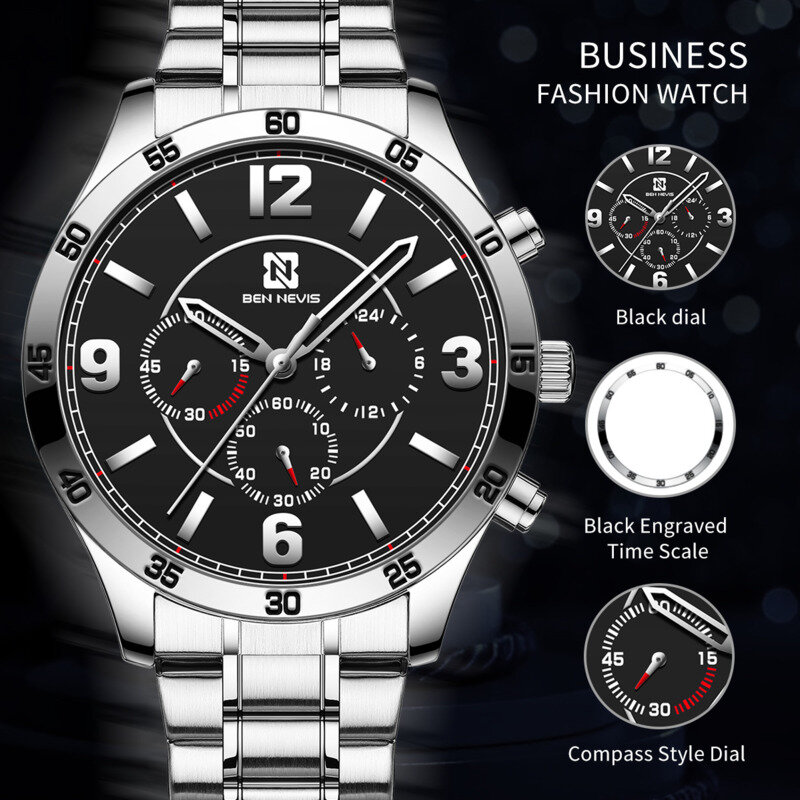 6 핀 비즈니스 패션 레저 야간 조명 방수 타이머 스테인레스 스틸 시계 스트랩 남성용 시계, Reloj 쿼츠 시계