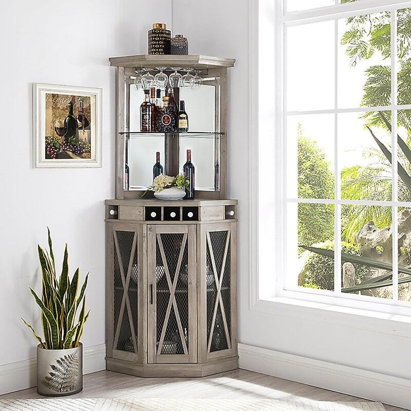 Home Source-Unité de bar d'angle de 73 pouces de haut, armoire à vin en bois de grange recyclé avec rangement, portes à mailles inférieures, galsynchronisation supérieure française ou d'étagère
