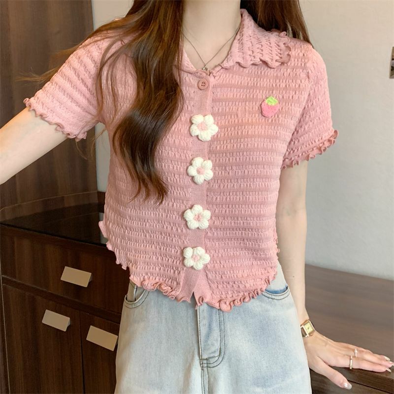 Flower Buttons Women Blouses Solid Color Tee Polo Neck Thin Pleated T Shirt Casual Sweet Y2K Vintage Wear Summer College Style