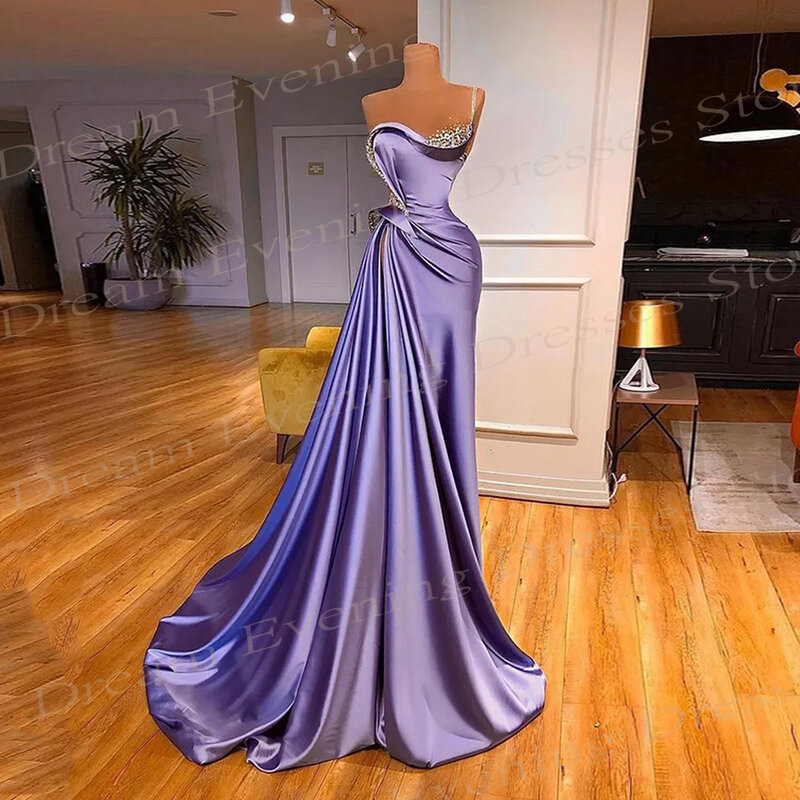 Gaun malam menawan putri duyung ungu murah gaun Prom tanpa lengan Satin Ruched dengan jubah manik-manik