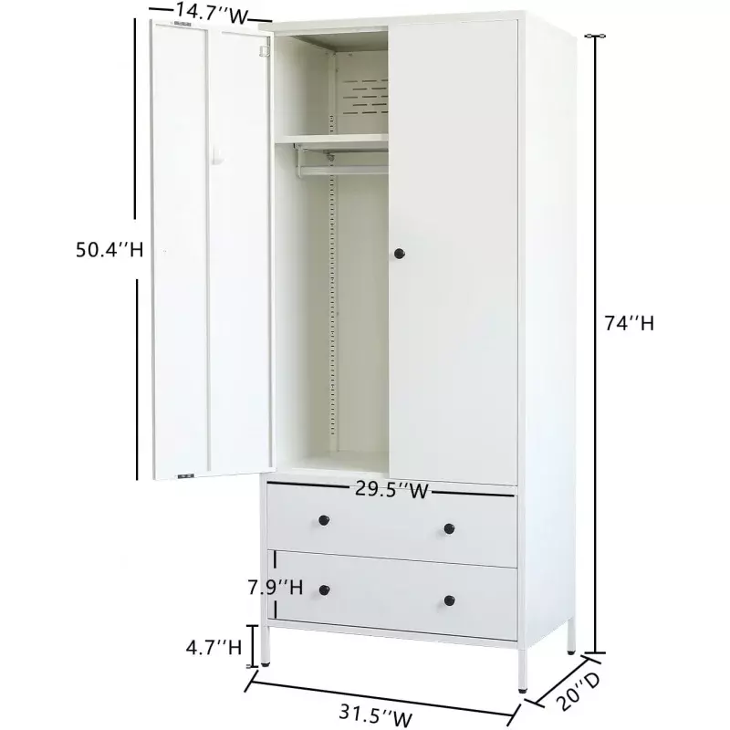 Besfur guarda-roupa com haste ajustável, armários e armários de metal, 2 gavetas, 20 "D x 31.5" W x 74 "H-branco
