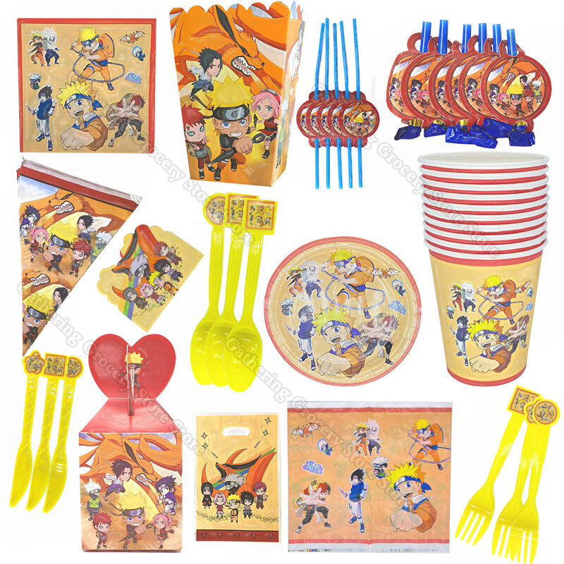 Naruto Sasuke Cartoon Birthday Party Suprimentos para Meninos e Meninas, Layout de Cena DIY, Talheres, Prato de Papel, Copo, Balão, Decoração