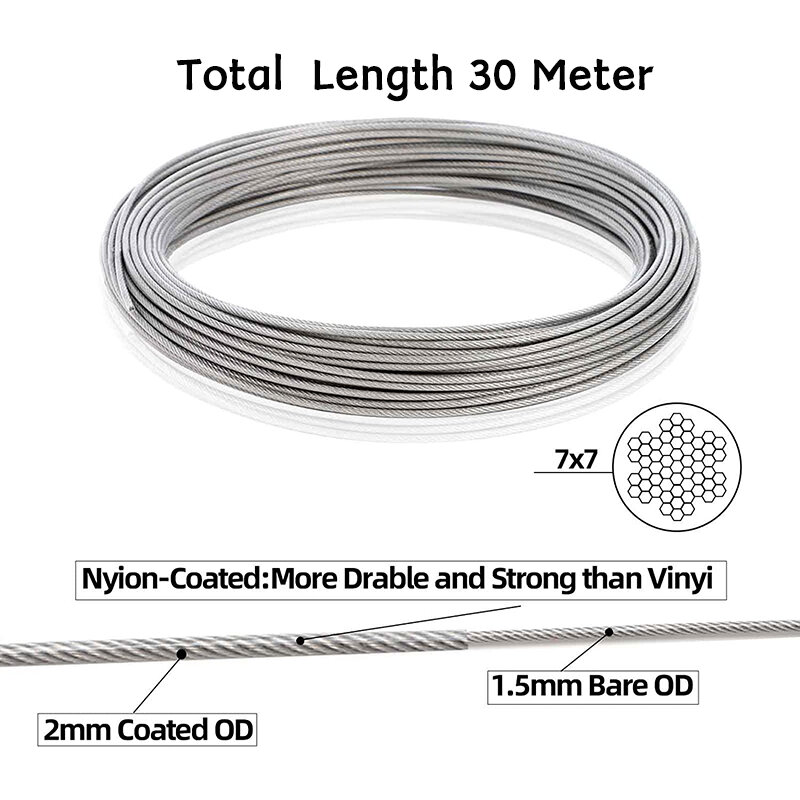 30 metr lina stalowa Kit średnica 2mm Nylon powlekany 304 kabel ze stali nierdzewnej przezroczysty dla rośliny pnące