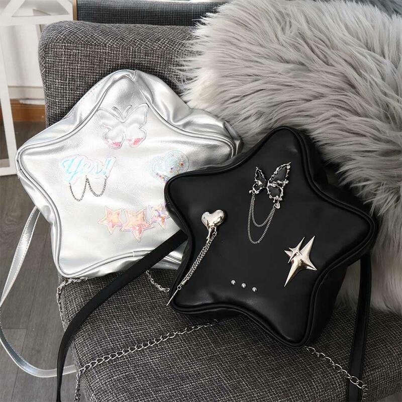 Butterfly Star zaino Punk PU Leather Heart Y2k borsa a tracolla lettera borsa da scuola in pelle di grande capacità femminile/ragazze