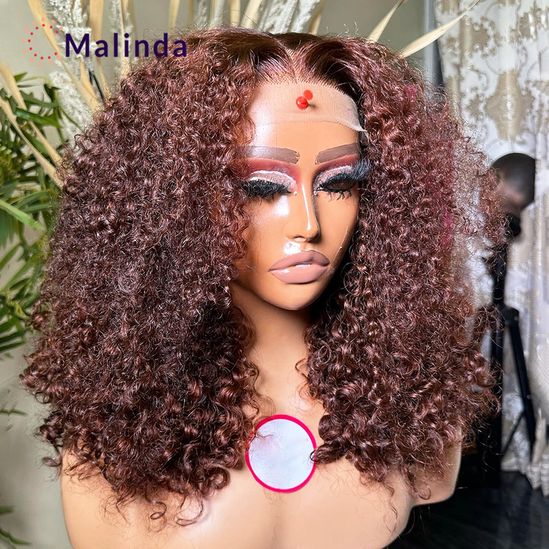 Brown Curly Bob 250% Density 13x4 Wear and Go Glueless Kinky Curly Brazilian Transparent Lace Frontal Human Hair Wigs For Women