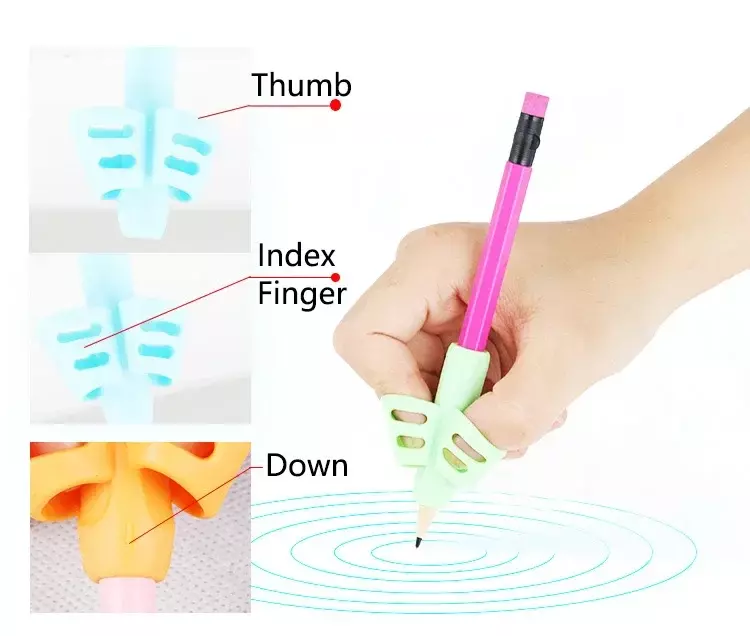 Crayon en pton souple pour enfants, poignées de stylo gel à deux doigts, outil d'entraînement à l'écriture, stylo tenant pour enfants, cadeaux, 3 pièces par ensemble