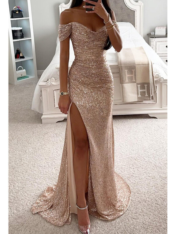 Sexy Women Dress Off-shoulder Gown Dress Sequin Pleated V-neck Maxi Slim Fit Frock Elegant Evening Party Prom Long Skirt