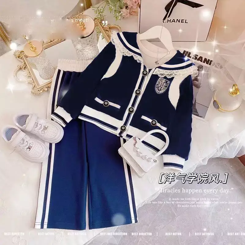 2024 dziewczęcy jesienny wiosenny garnitur dziewczęcy koreańskie Casual odzież sportowa kołnierzyk dla lalek płaszcze + spodnie dresy dla nastolatków