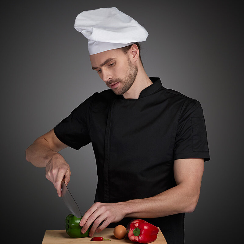 Casaco de manga curta chef uniforme cozinha respirável cozinhar jaqueta restaurante hotel café barbeiro garçom trabalho camisa unisex