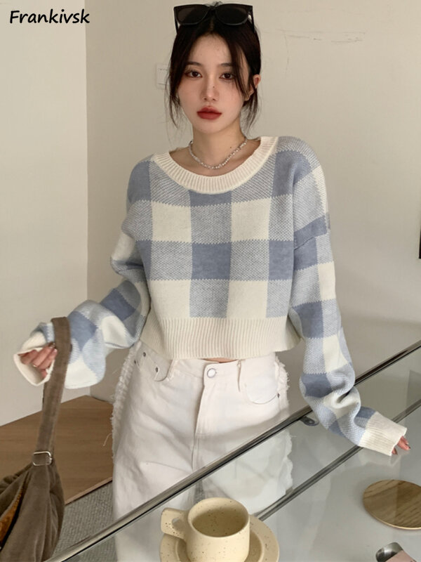 Plaid Pullover Frauen Herbst O-Ausschnitt lose Mode japanischen Stil Retro süß elegant täglich einfach All-Match Studenten Streetwear