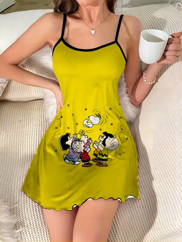 Vestido de casa elegante con adornos ondulados para mujer, minifalda de pijama con cuello redondo de Snoopy, superficie de satén, moda de verano, Sexy, 2024
