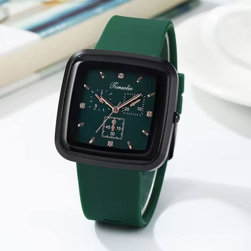 Jam tangan kuarsa wanita, arloji desain minimalis piringan persegi silikon Quartz untuk hadiah ulang tahun pacar
