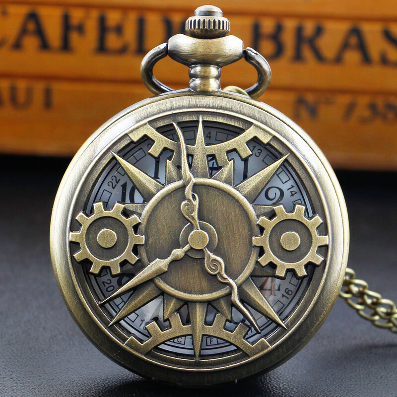 Hollow Antique Gear Analog Design Pocket Watch Steampunk Quartz Necklace Sweater Chain Pendant Clock Men Women