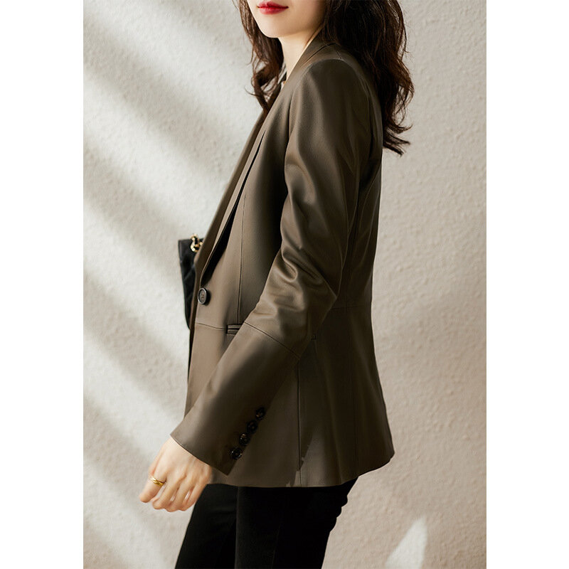 Women's Leather Jacket Blazer Femme Sheepskin Single Button Suit Collar Office Chic Fashion Slim Chaqueta De Cuero Para Mujer