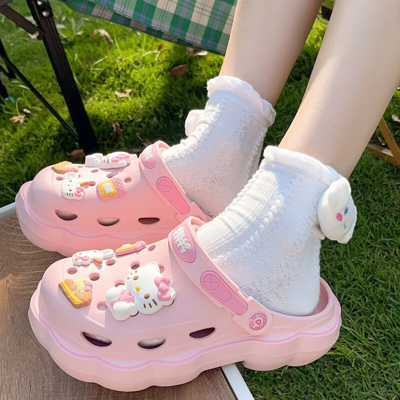 Zapatos de cueva Kawaii Lolita Sanrio Hello Kitty para mujer, sandalias de verano con tacones gruesos, zapatillas informales Kuromi Cinnamoroll
