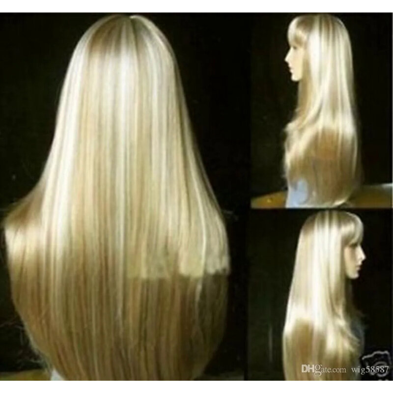 Peruca-cabelo humano reto cunha 11, moda bonita, longos cabelos loiros