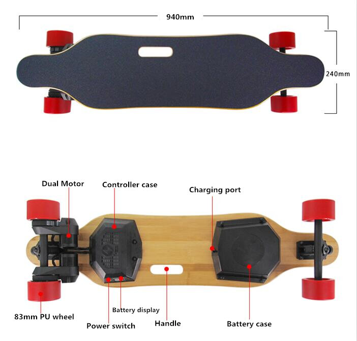 Skate elétrico do controle remoto, motor sem escova duplo, movimentação da correia, longboard, 1000W