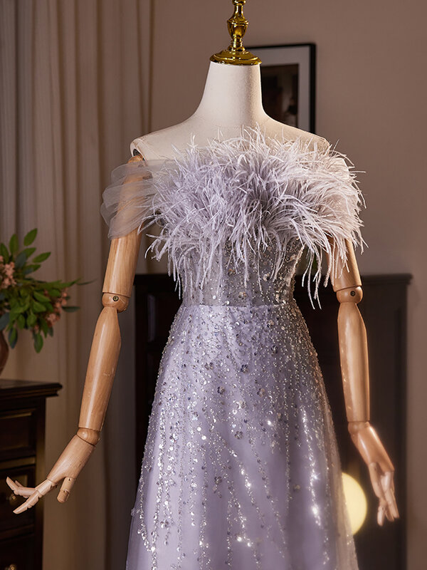 Nowa dostawa fioletowe sukienki wieczorowe z piórami w kształcie ukosa 2024 wysokiej jakości suknia z koralikami na przyjęcie weselne dla kobiet
