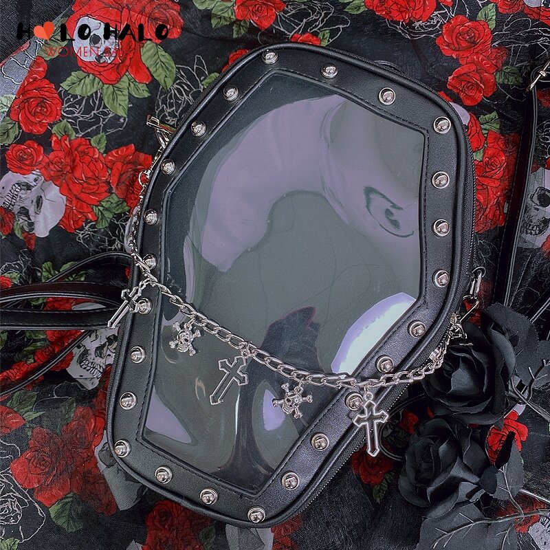 Bolso gótico Punk con forma de ataúd Ita para mujer, mochilas transparentes, bolso de hombro de Lolita oscura, bolso de diseñador de Cosplay para niñas, 2 insertos