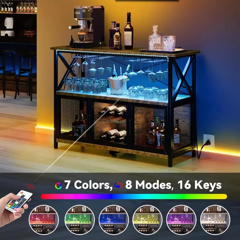 Bar gabinete com luz LED RGB, tomada, casa de campo e bar, vinho refrigerador com cremalheira do vinho, armazenamento suporte para taça, 47 in