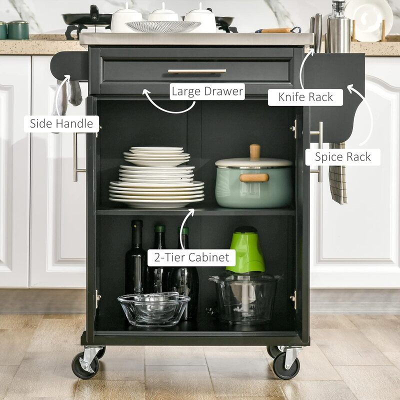 HOMCOM Kitchen Island on Wheels, Rolling Kitchen Cart with Stainless Steel Countertop, Drawer, Towel Rack and Spice Rack,