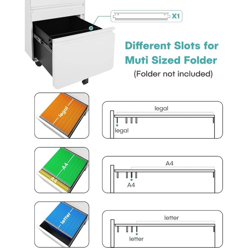 3 Laci kabinet berkas, lemari pengarsipan logam dengan roda kunci untuk A4/File hukum/huruf, anti-miring di bawah desain meja