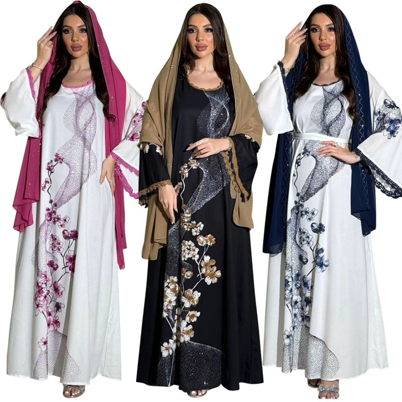 Moslim Jurk Vrouwen Print Casual Arabische Dubai Abaya Effen Feest Vakantie Lange Mouwen Islamitische Kleding Met Riem