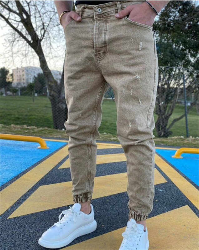 Fashion Trend Broken Holes Slim Pencil Jeans Men's Solid Color Button Splicing Denim Pants Male Youth Casual Streetwear Trousers