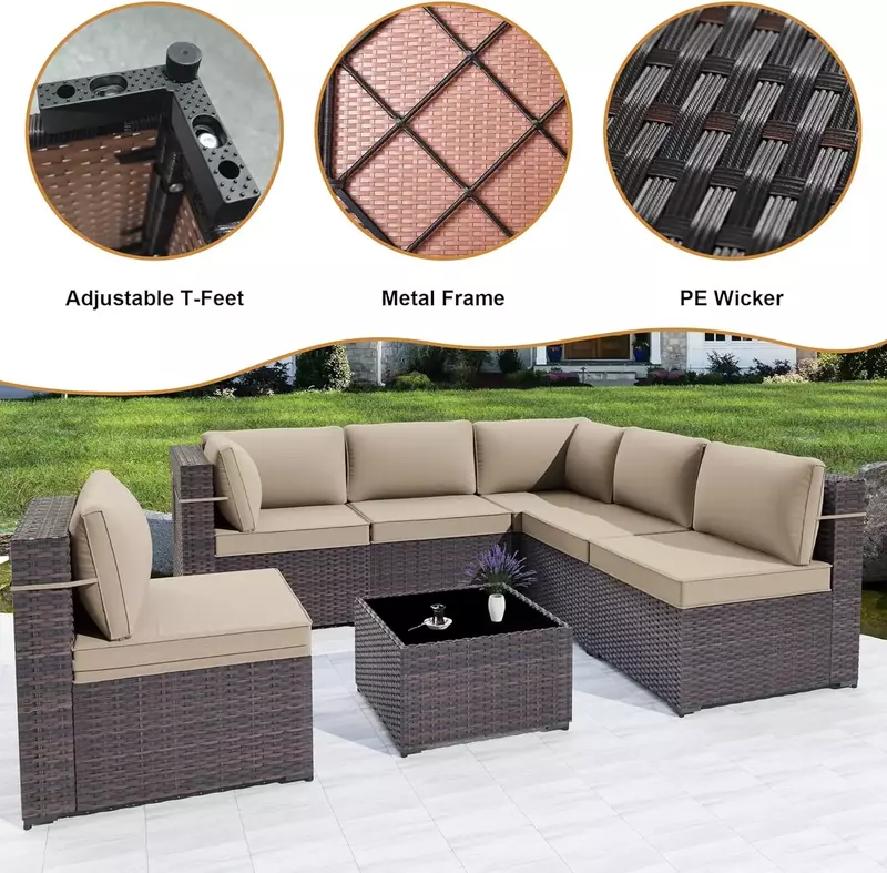 7 Pieces Wicker Patio Conversation SetsModern Outdoor Sectional Furniture Patio Sets All-Weather for Backyard Balcony