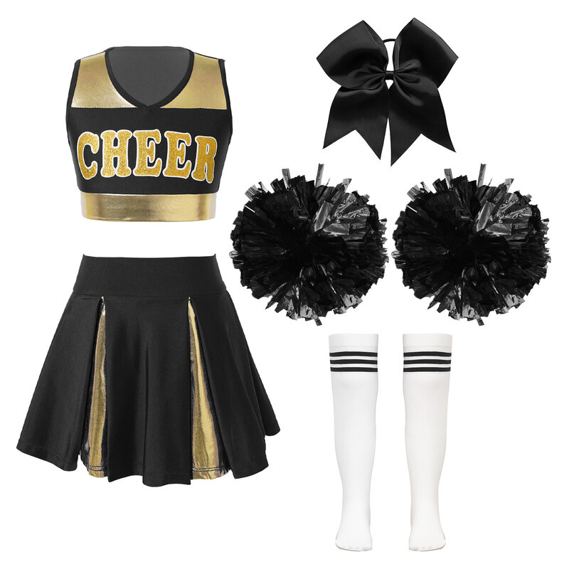 Kinderschool Meisjes Cheerleader Uniformen Mouwloze Crop Top Rok Sokken Kleding Sets Voor Kinderen Cheerleading Dans Outfits