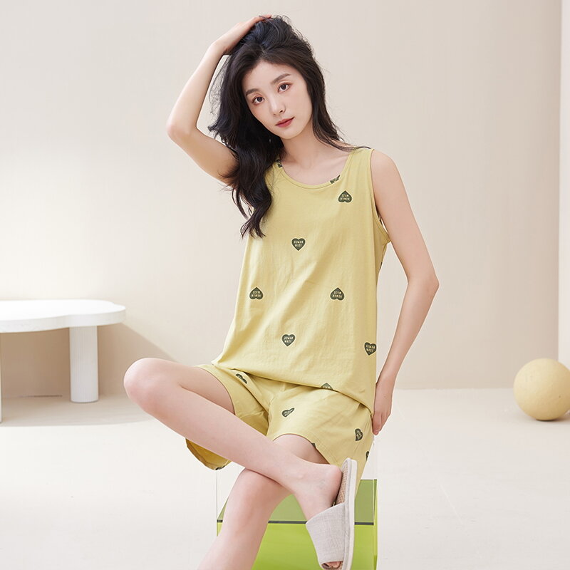 Summer Pajama Sets Women 100% Cotton Home Wear Sleepwear Female Vest Pyjamas With Chest Pad