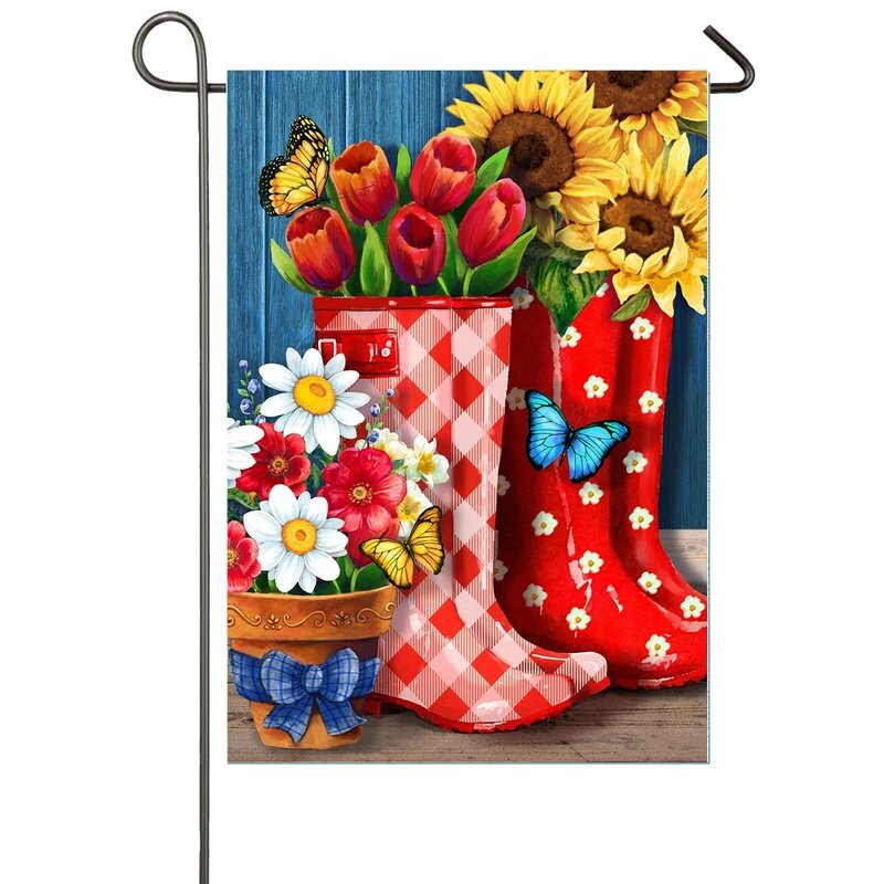Bandera de jardín de flores y botas, pintura al óleo de doble cara, banderas florales para Patio al aire libre, decoración de bandera de Casa de césped
