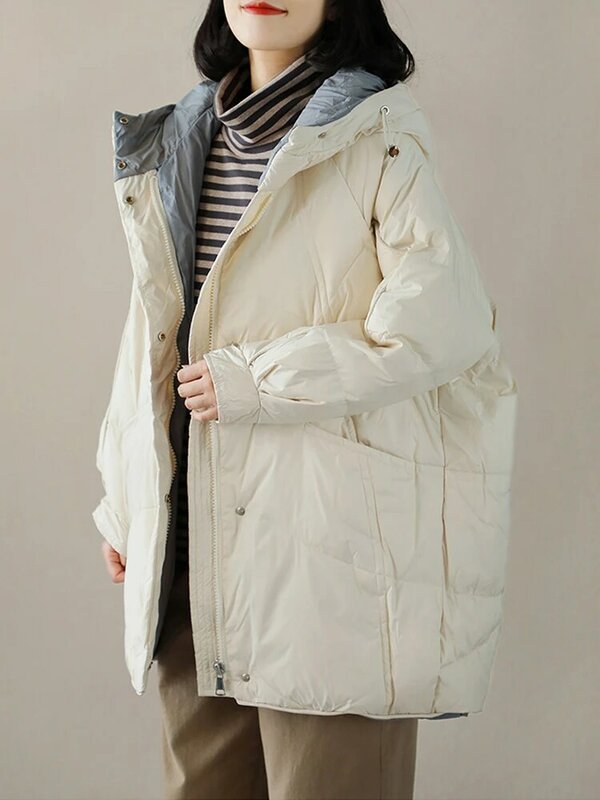 Jaket bertudung ritsleting wanita, mantel musim dingin hangat warna putih bebek 2023