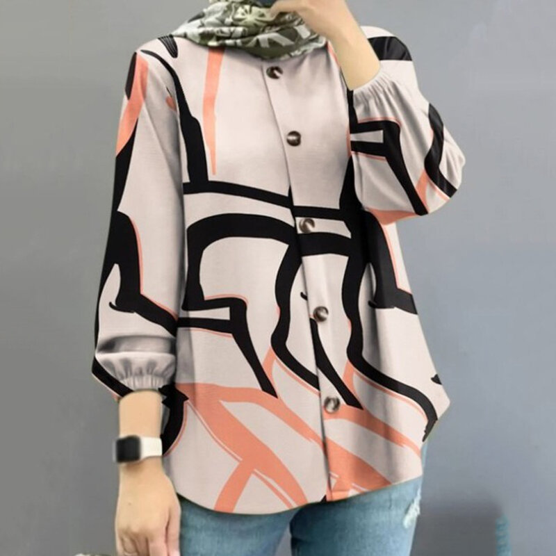 Affordable Shirt Women Shirt O Neck Ruffles Blouse Vintage Women Casual Floral Printed Holiday Long Sleeve For Women