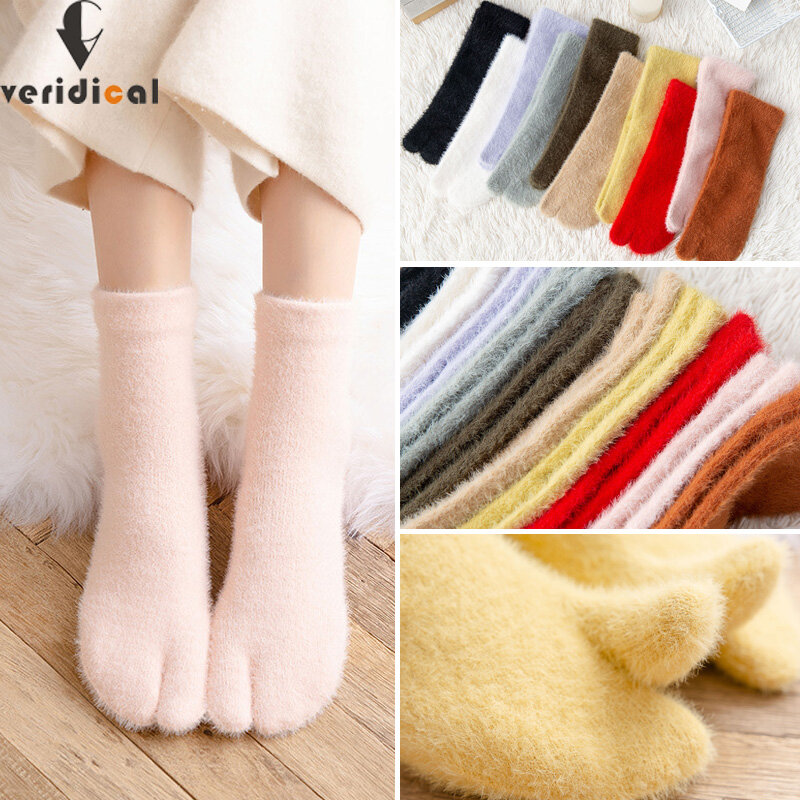 Thick Two Finger Socks Women Girls Winter Warm Colorful Coral Fleece Fluffy Toe Socks Soft Cozy Hosiery Female Floor Slippers