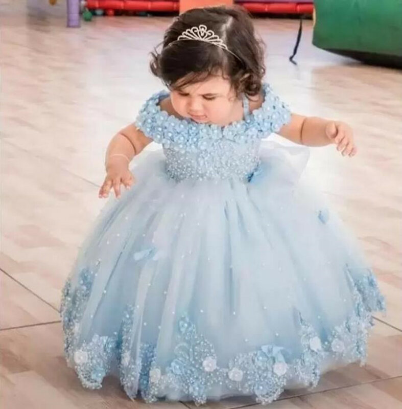 Blue Baby Girl Dress Tulle Flower Pearl Butterfly Girl Dress Off Shoulder For Wedding Birthday Party First Communion Gowns