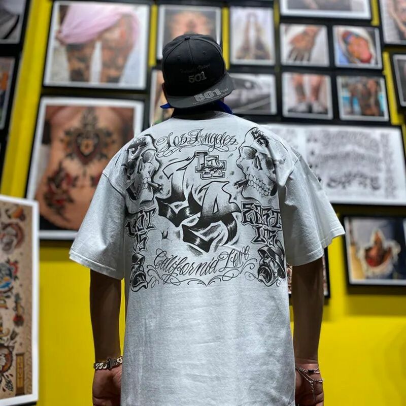 Homens T-shirt Crânio Impressão Harajuku Streetwear O-pescoço Manga Curta Tops Masculino Graffiti Carta Carga Hip Hop Casual