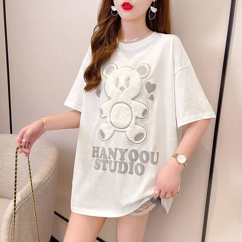 Heavy Industry Cartoon Bear Embroidery Embroidered Pink Medium Length Short Sleeve T-Shirt Top Women