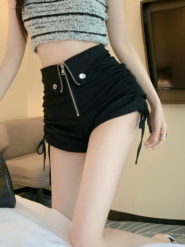 Zoki Streetwear Sexy Shirring Shorts Women High Waist Design Slim Zipper Shorts Casual Korean Chic All Match Lady Summer Shorts