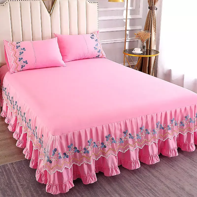 솔리드 레이스 자수 침대보 매트리스 보호 커버, 폴리에스테르 침대 스커트, 미끄럼 방지 및 방진, 주름 가장자리 침대 시트