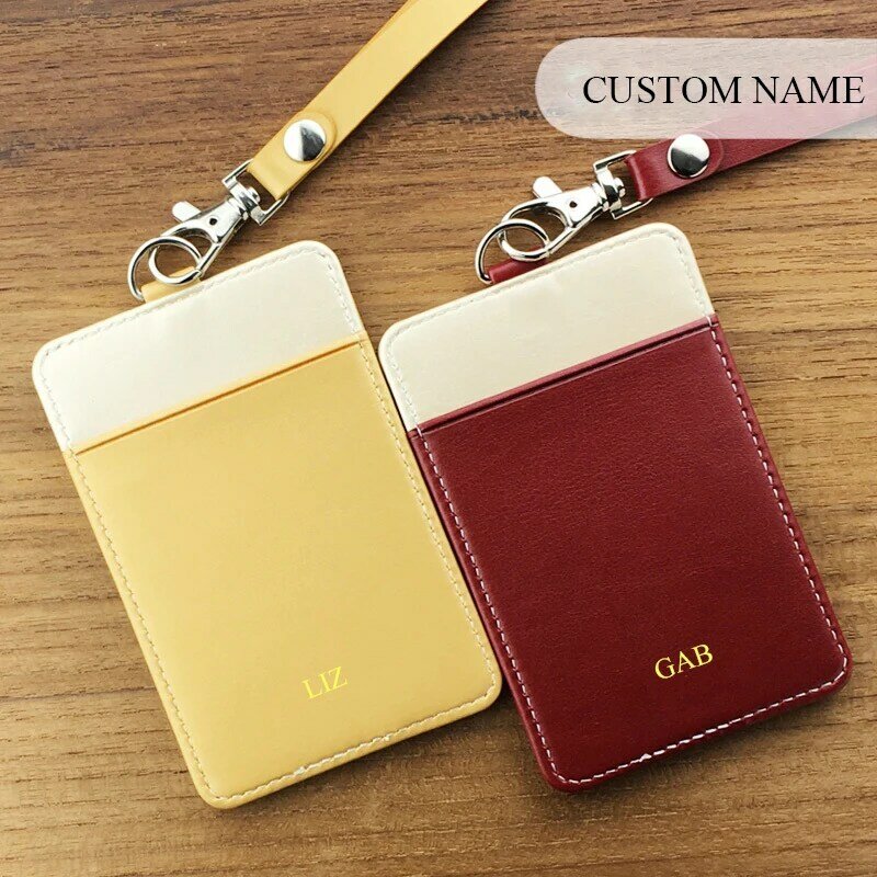 Custom Initials Portable Card Holder Neck Strap Fashion PU Leather ID Card Barge Slim Wallet Engraving Business Work Card Tag