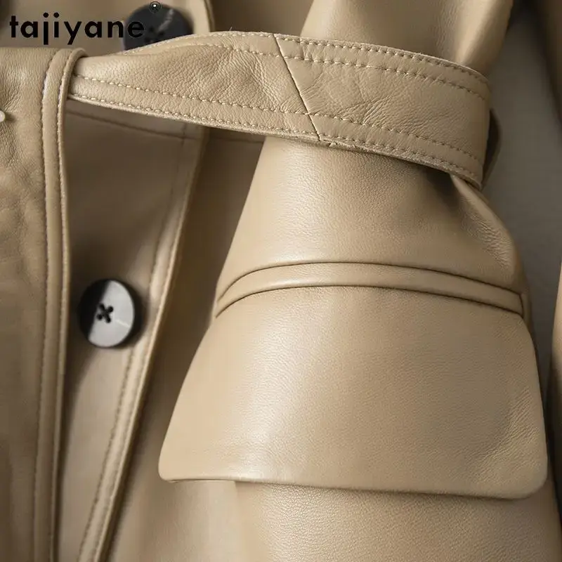Tajiyane-女性のための本物のシープスキンコート、ミッドレングスジャケット、高品質の本物の革、薄いアウター、レースアップクアバティー、エレガント