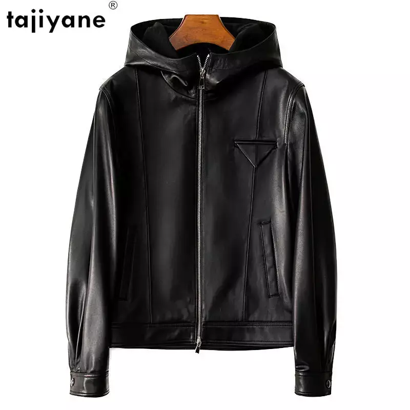 Tajiyane-Veste en cuir véritable pour femme, 2023 peau de mouton véritable, manteau à capuche, streetwear noir décontracté, 100%