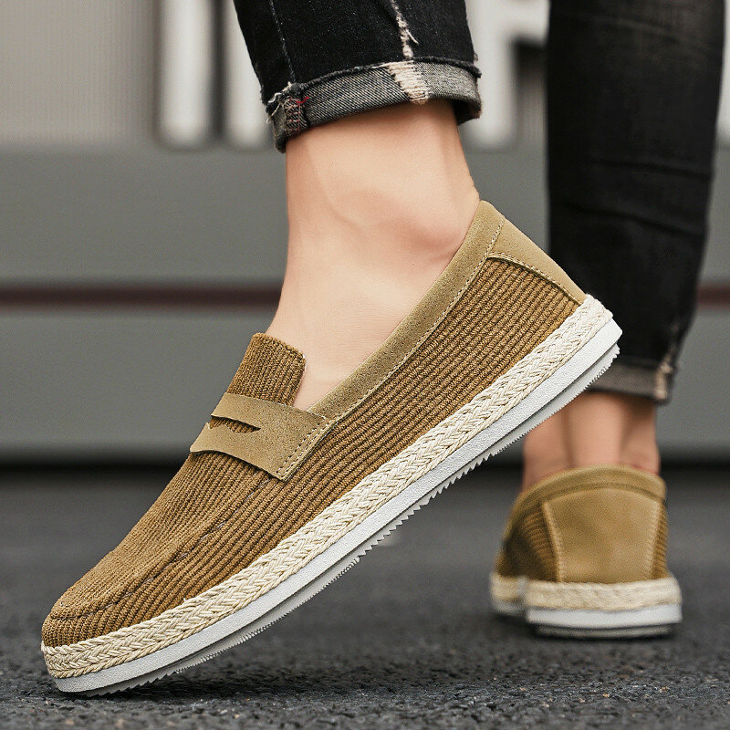 Summer Light Casual Shoes For Men Trendy Comfortable Breathable Corduroy Men's Loafers Fashion Khaki Low-top Slip-on Shoes Man