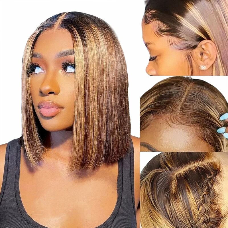 Ombre 4/27 Honey Blonde Highlight Lace Front Wig Human Hair Bob Wig 180% Density 13x4 HD Lace Front Wigs Human Hair