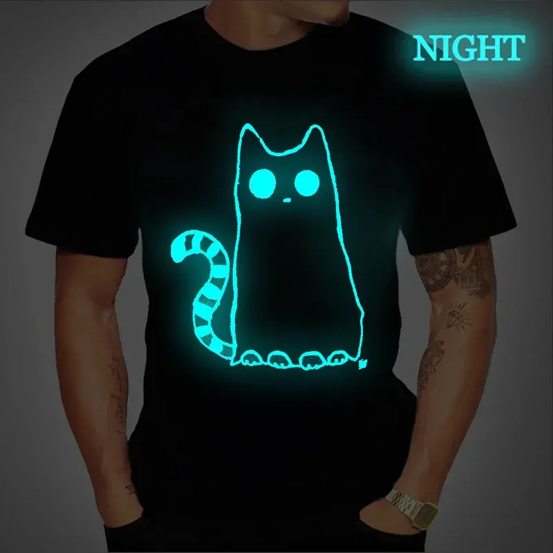 Camiseta de manga corta para hombre, ropa de calle de Hip Hop, Harajuku, divertida camiseta luminosa de gato, camisetas Unisex de algodón con estampado, 2022