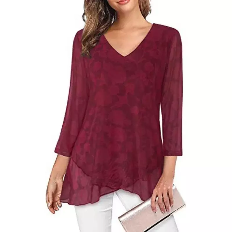 Frühling Herbst Frauen Pullover Top V-Ausschnitt solide Farbe gedruckt schlanke Femme elegante sieben Ärmel Saum asymmetrische T-Shirt pendeln